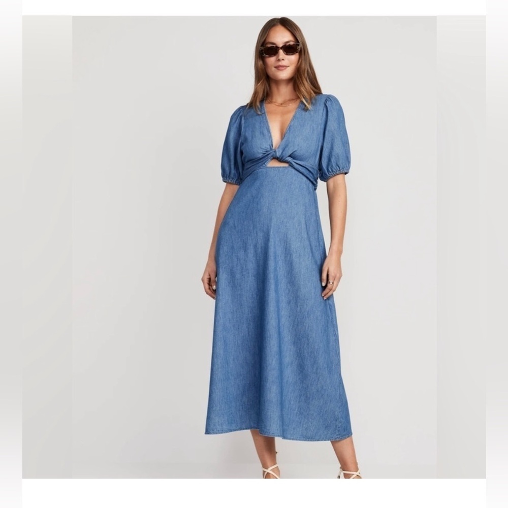 Blue Denim Chambray Twist Front Puff Sleeve Dress